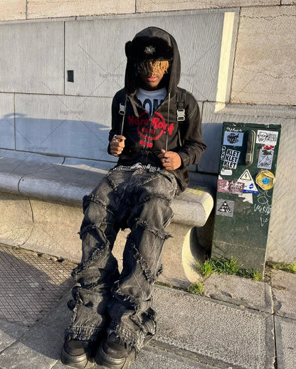 Punk Black High Waist Oversized Jeans for Men