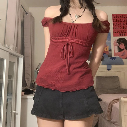Kawaii Bow Square Collar Crop Top for Women