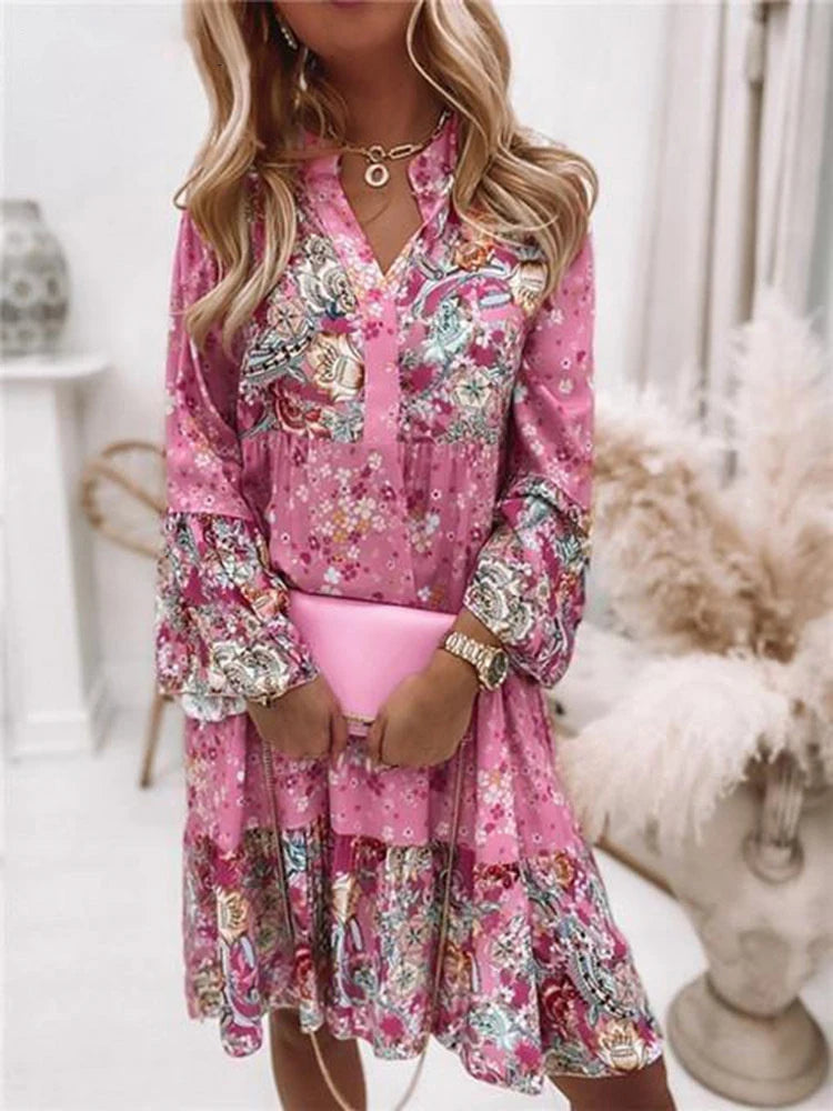Floral V Neck Dress Long Sleeve Boho Beach
