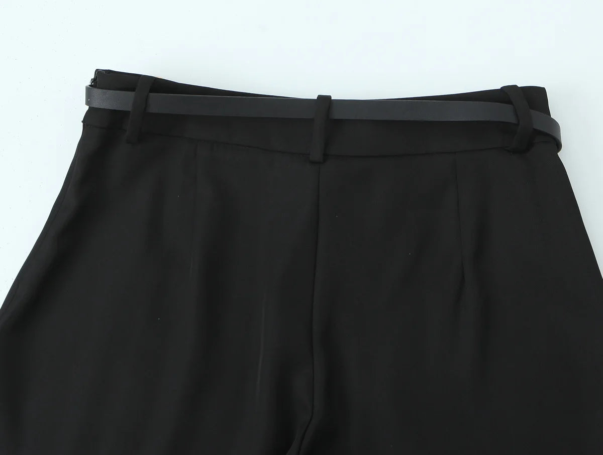 Vintage High-Waist Straight Trousers with Belt | Knee-Length Wide Leg Pants