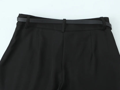 Vintage High-Waist Straight Trousers with Belt | Knee-Length Wide Leg Pants