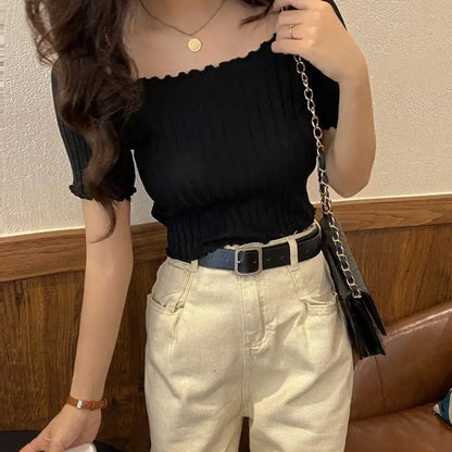Women’s Off-Shoulder Knitted Slim Fit Knitted Short Sleeve Y2K Tee