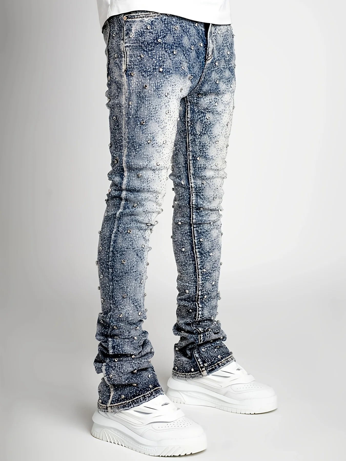 Men’s Pearl-Embellished Straight Leg Denim Jeans | Trendy European &amp; American Style