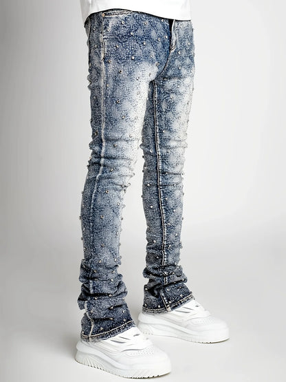 Men’s Pearl-Embellished Straight Leg Denim Jeans | Trendy European &amp; American Style