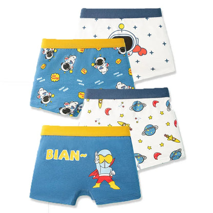 4 Pcs Kids’ Boxer Shorts Set | Cartoon Dinosaur Cotton Underwear