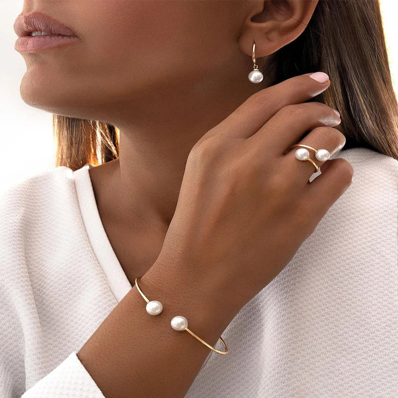 Simple Pearl Earrings, Ring & Bangle Jewelry Set
