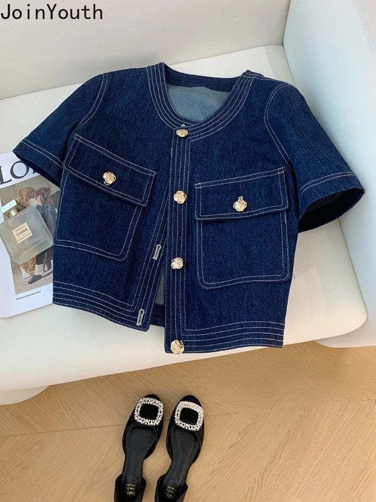 Streetwear Denim Jackets for Women Short Sleeve Summer Jean Jacket Outwear 2025 Ropa Mujer Fashion Vintage Coat Cropped Tops