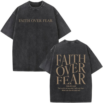 Heart Cross Christian Jesus Faith Over Fear Bible Verse Vintage Washed T-shirts Unisex Fashion Oversized T Shirts Cotton T-shirt