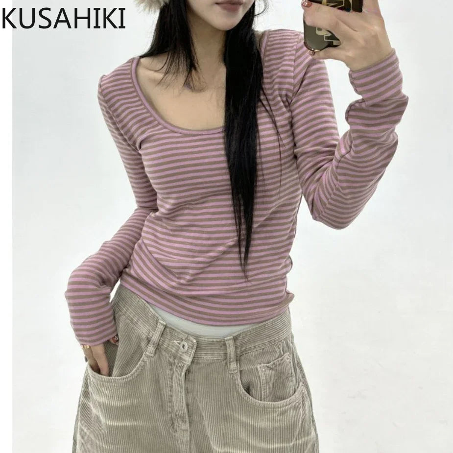 KUSAHIKI Sexy Retro Stripes Long Sleeved Round Neck Top