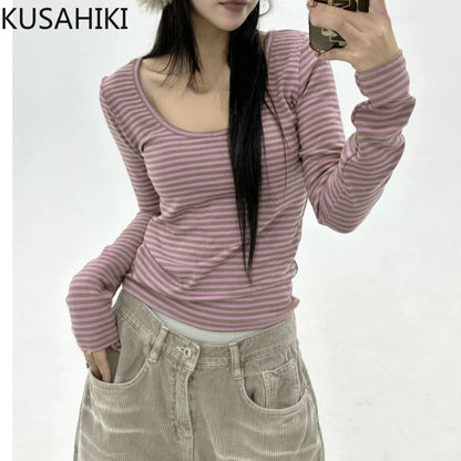 KUSAHIKI Sexy Retro Stripes Long Sleeved Round Neck Top