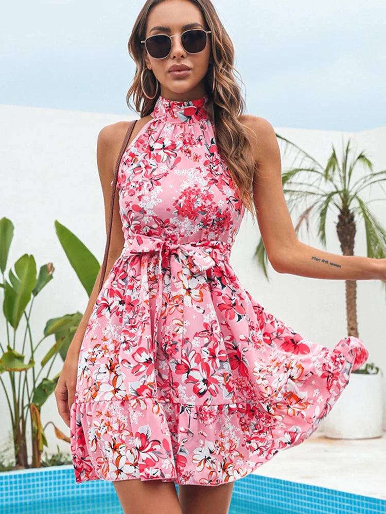 Women’s Floral Print Chiffon Halter Sundress