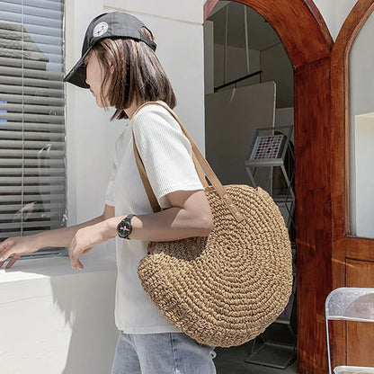 Women’s Round Straw Woven Beach Tote Shoulder Bag