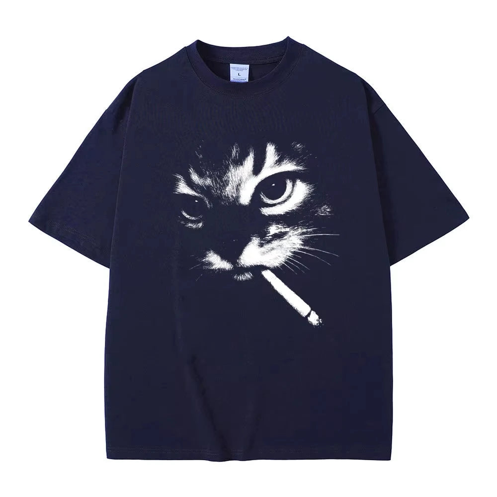 Funny Meme Smoking Cat Face Graphic T-shirts Men Women Casual Cotton Vintage T Shirts Men&