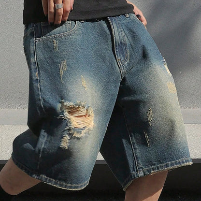 Men’s Baggy Ripped Denim Shorts | Stretchy Knee-Length Streetwear Jeans