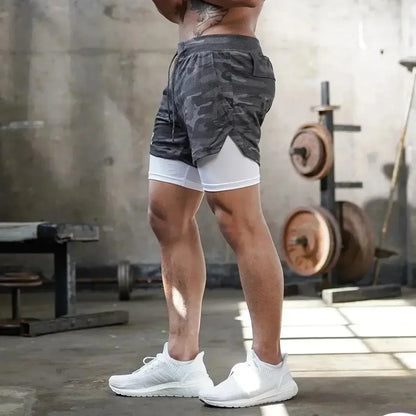 Men’s Camo 2-in-1 Running Shorts | Quick-Dry Gym Training Shorts with Built-In Pocket