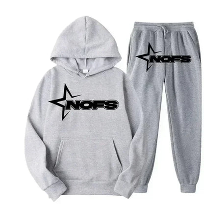Streetwear NOFS Star Print Tracksuit Black Hoodie and Joggers Set for Men Women