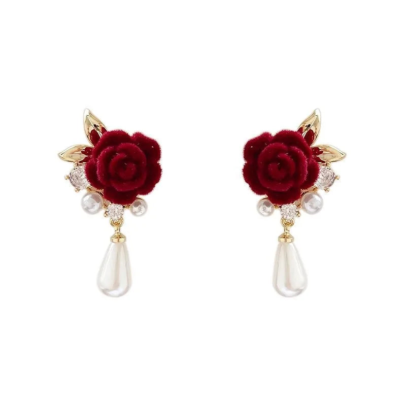 Wine Red Velvet Rose Pearl Earrings for Women