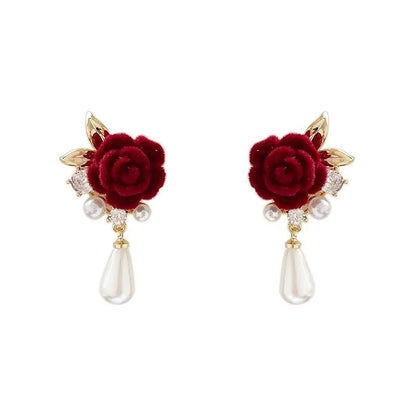 Wine Red Velvet Rose Pearl Earrings for Women