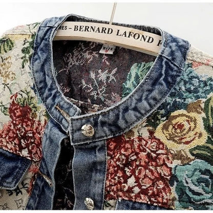 Chinese retro jacquard long-sleeved round neck denim jacket women&
