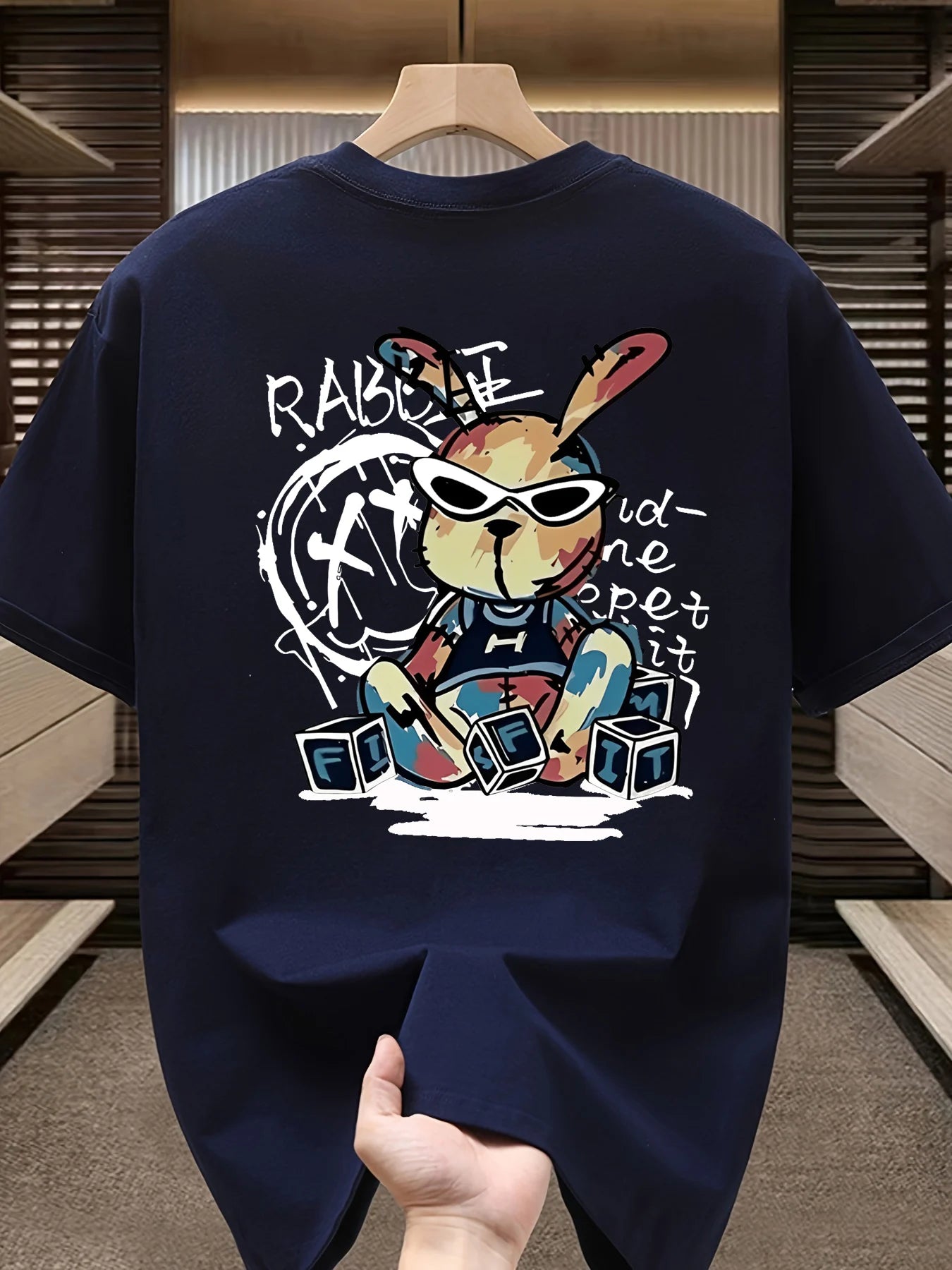 Men’s Summer Cotton Cartoon T-Shirt | Black Rabbit Print