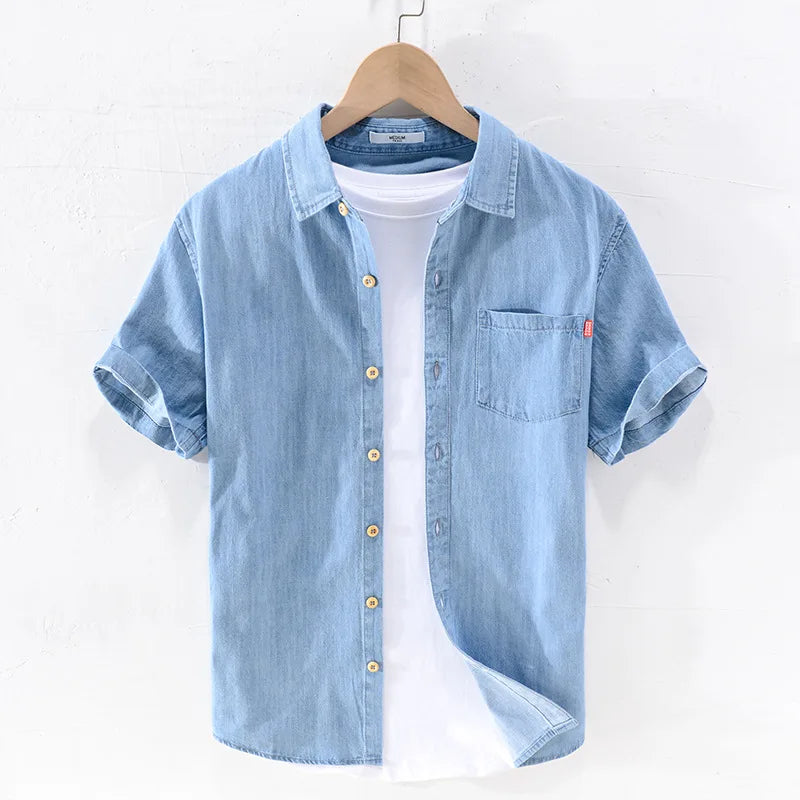 Men Denim Shirt , Thin Summer Half Sleeve Casual Top, Loose Trendy Handsome Short Sleeve ，Camping Denim Short Sleeve Jacket