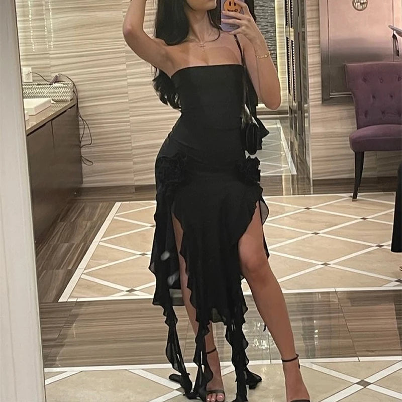 Women’s Strapless Sexy Floral High Slit Mini Dress