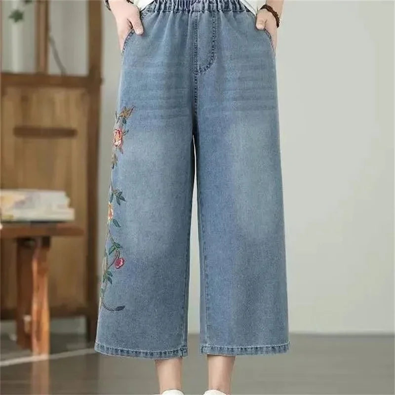 Artistic retro Heavy industry Embroidered Denim Wide leg Pants Spring Summer 2025 New Women&