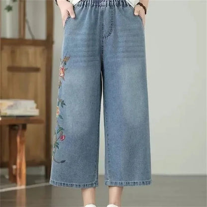 Artistic retro Heavy industry Embroidered Denim Wide leg Pants Spring Summer 2025 New Women&