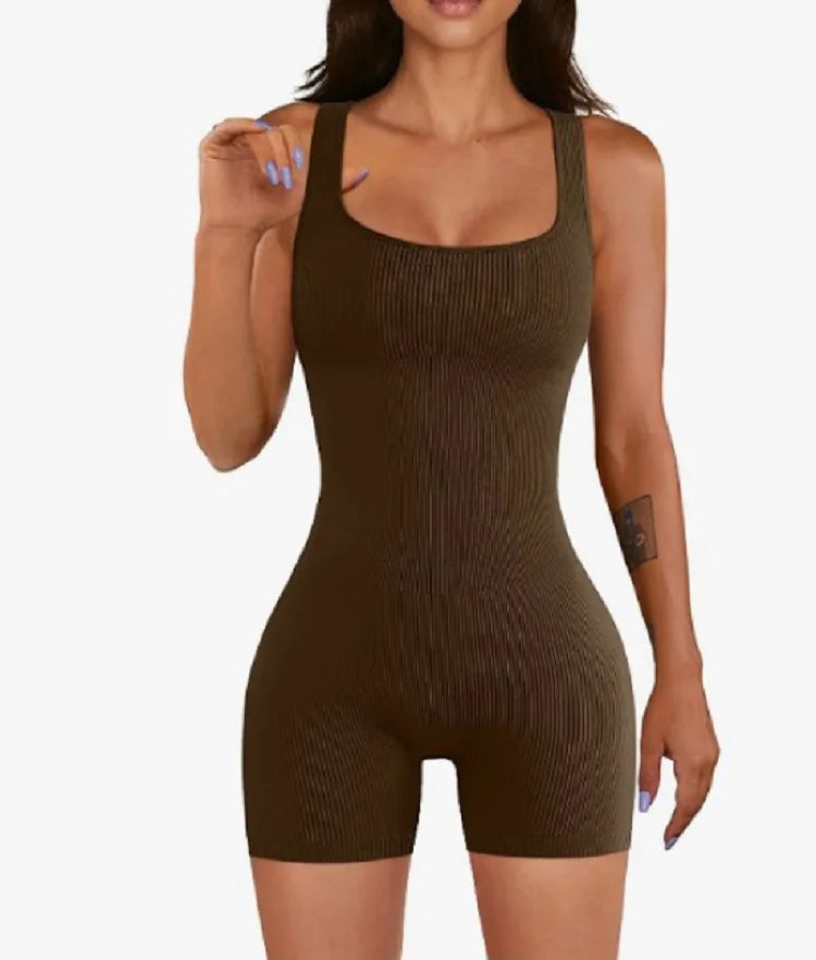 Square Neck Ribbed Shorts Gym Wear Bodysuit for Women