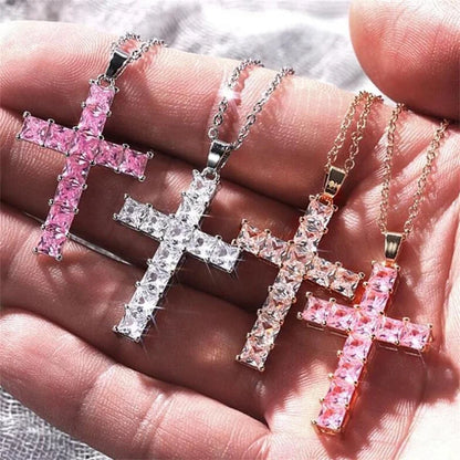 Golden Multicolor Crystal Cross Pendant Necklace