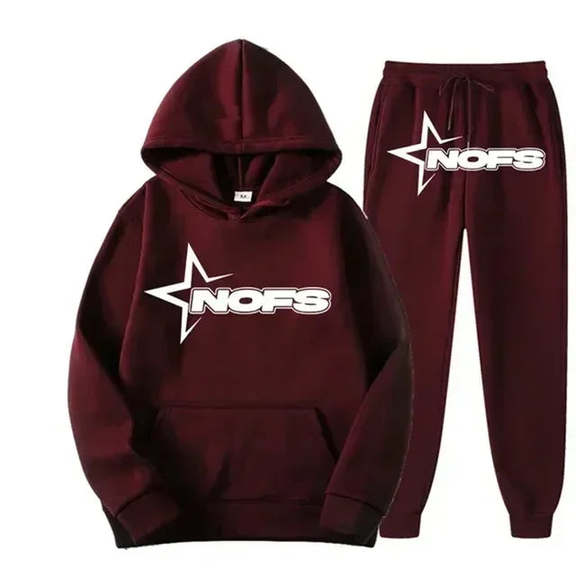 Streetwear NOFS Star Print Tracksuit Black Hoodie and Joggers Set for Men Women