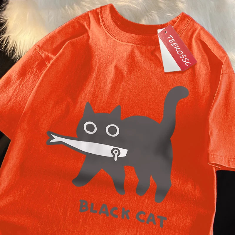 Japanese Style Cat Print Cotton T-Shirt