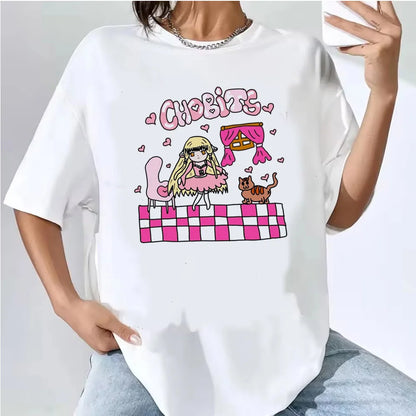 Women’s Kawaii Vintage Cartoon Tee with O-Neck