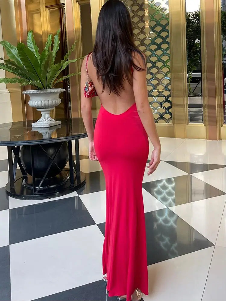 Cryptographic Draped Backless Slip Maxi Dress