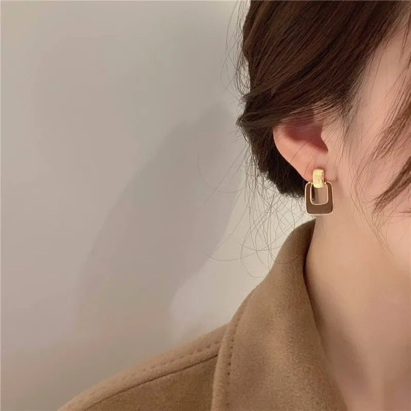 Vintage Brown Hollow Square Drop Earrings
