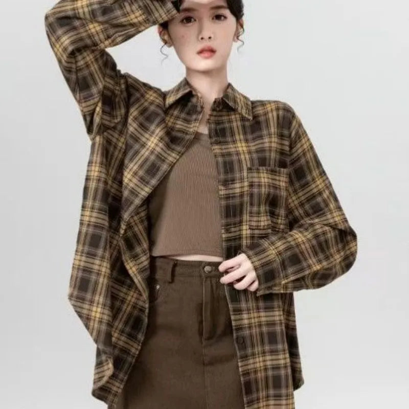 Women 2026 Spring Summer New Casual Tracksuit Matching Set Korean Elegant Plaid Long Sleeve Shirt+Strap+Loose Pants 3-Piece Suit