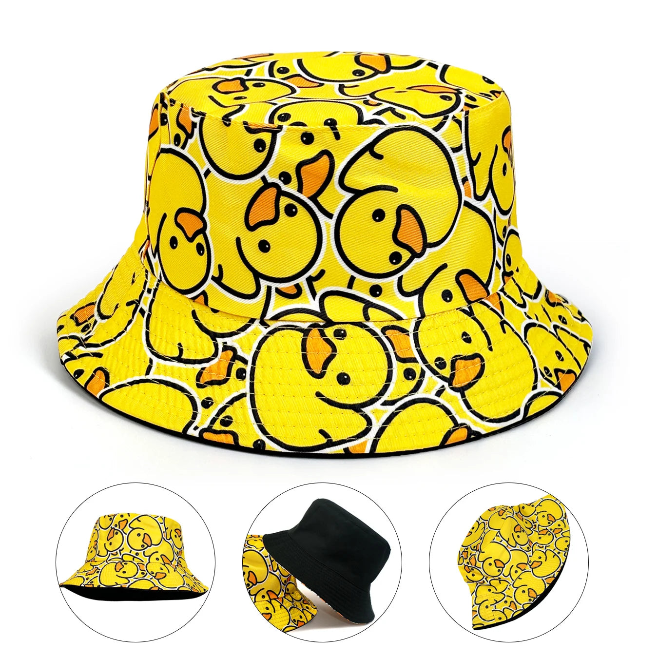 Reversible Cartoon Duck Print Bucket Hat | Unisex Foldable Sun Protection Cap