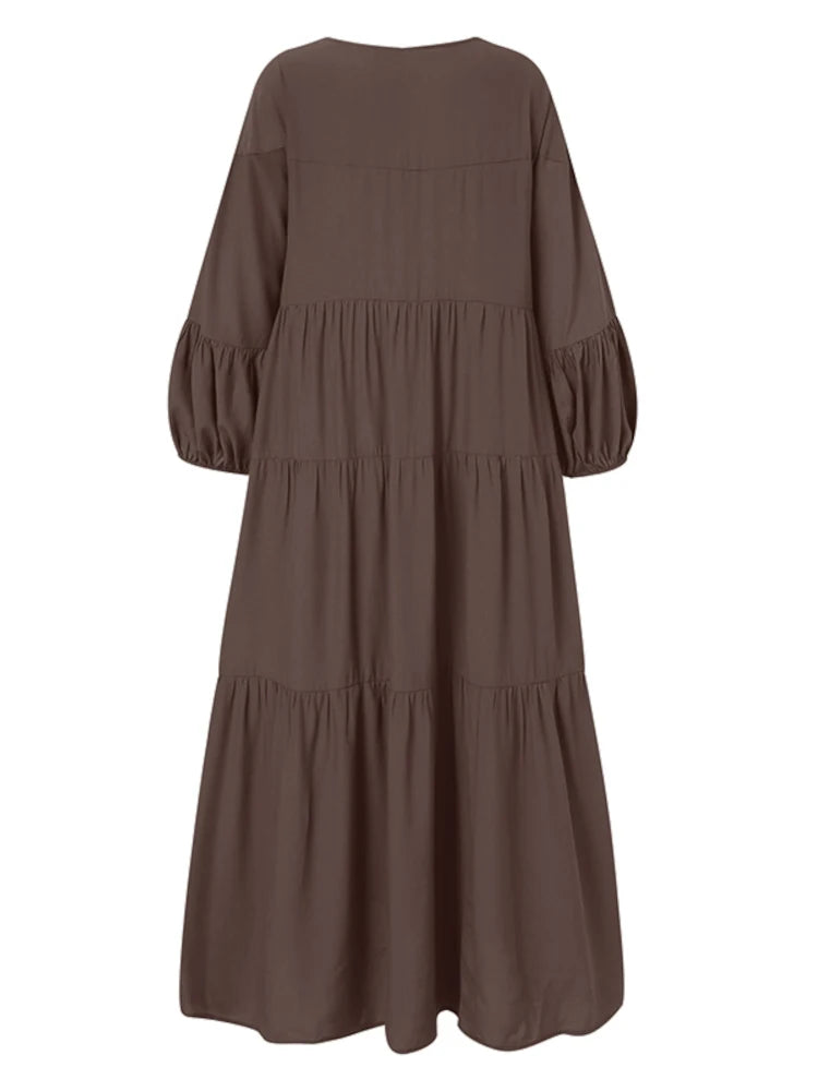 ZANZEA Vintage Ruffle Puff Sleeve Maxi Dress