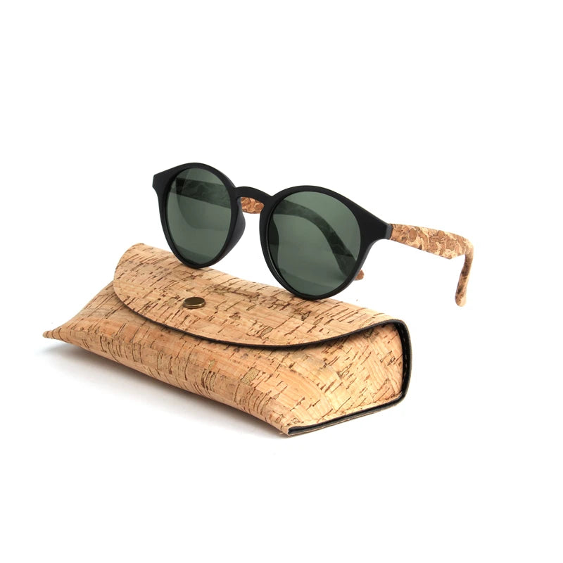 Round Bamboo Grain Polarized Sunglasses with Case – Unisex Wooden Style Shades