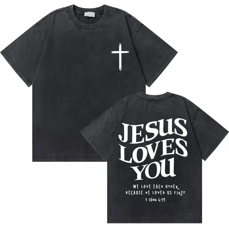 Washed Vintage Christian Jesus Good News God Loves You Bible Verse Graphic T-shirts Men Women Fashion Casual Oversized T Shirt