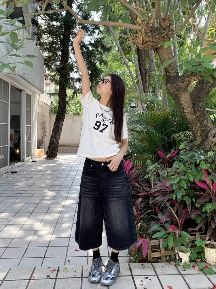 High Waist Black Retro Washed Denim Shorts Women&