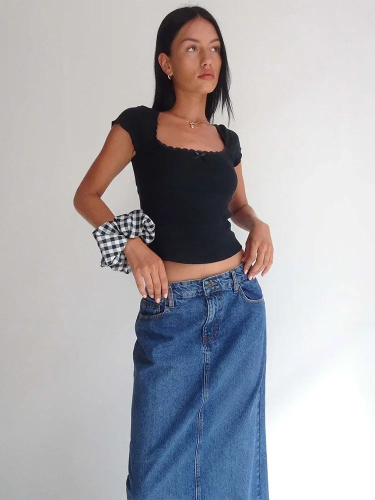 Y2K Vintage Baby Tee – Cottage Lace Trim Knitted T-Shirt