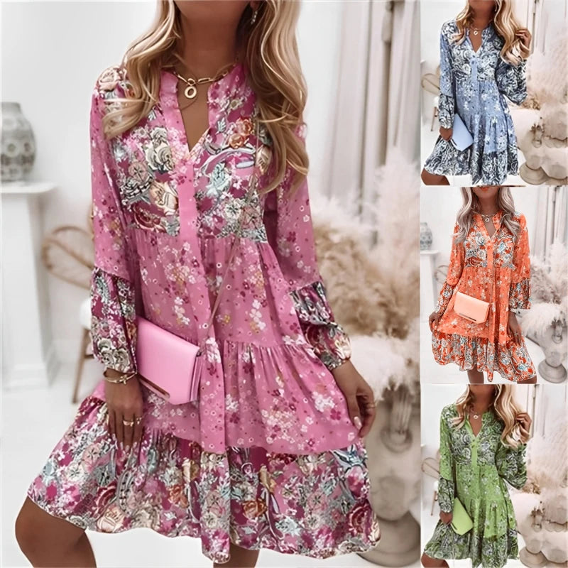 Floral V Neck Dress Long Sleeve Boho Beach