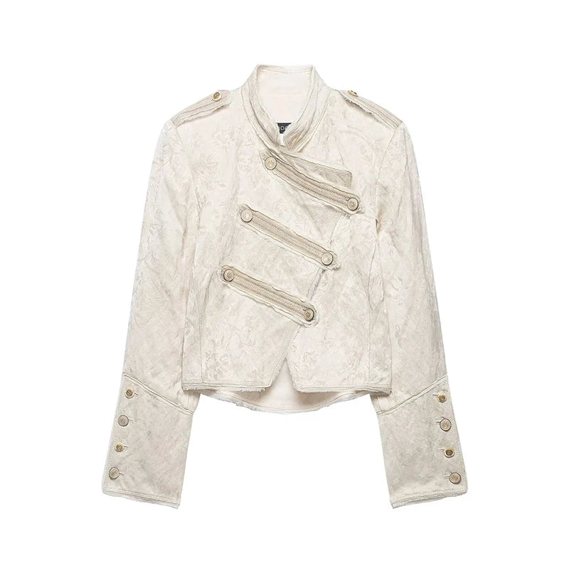 YENKYE New 2026 Women Jacquard Cropped Jacket High Neck Long Sleeve Frayed Trim Vintage Coat