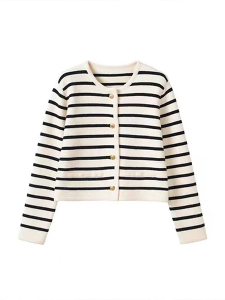 Women’s O-neck Stripe Knitted Cardigan