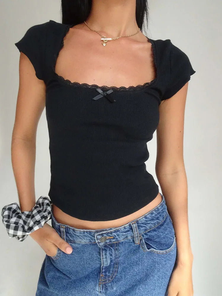 Y2K Vintage Baby Tee – Cottage Lace Trim Knitted T-Shirt