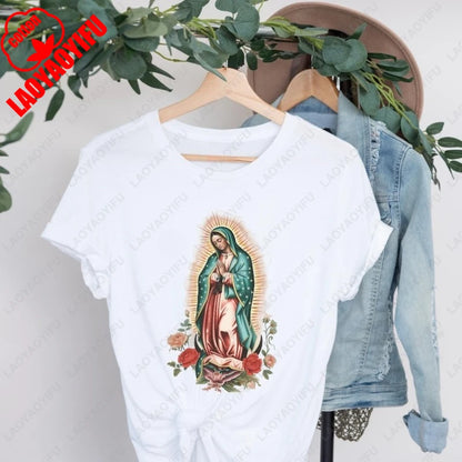 Virgen De Guadalupe Mary Tshirt Catholic Gift Mexican Religious Women Men Camisetas Christian Trend Tees Comfortable Cotton Tops