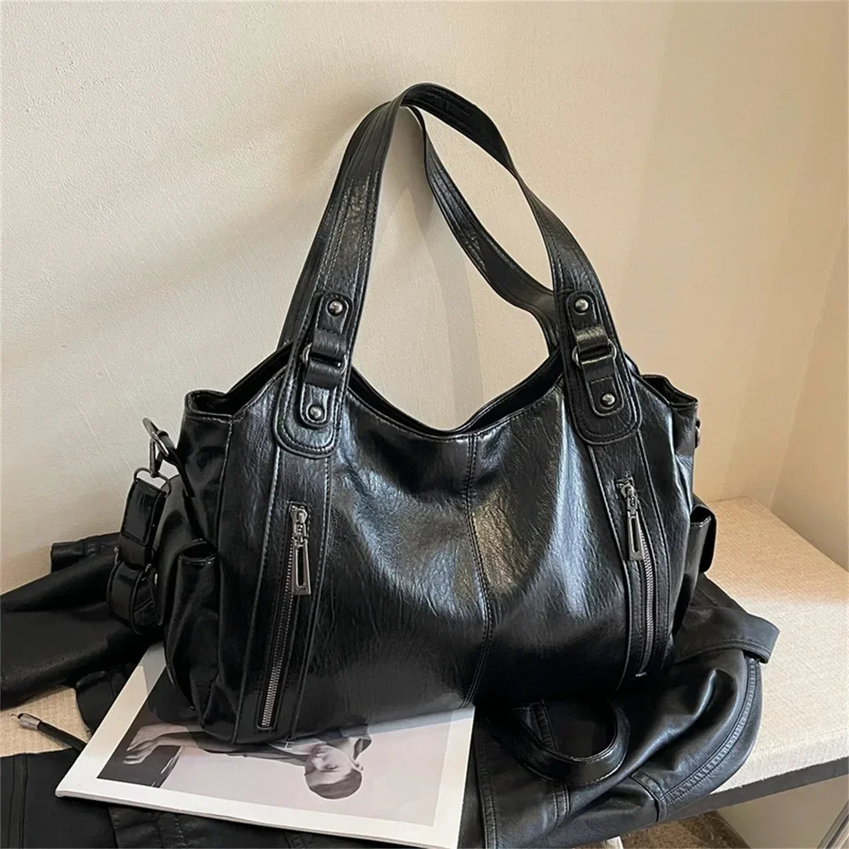 Contrasting Color PU Leather Shoulder Bag