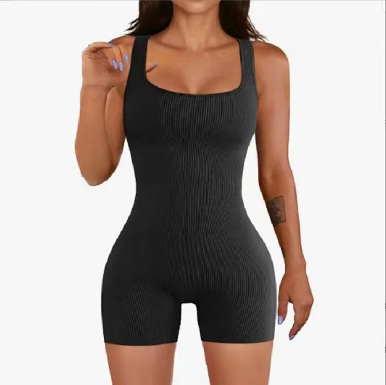 Square Neck Ribbed Shorts Gym Wear Bodysuit for Women