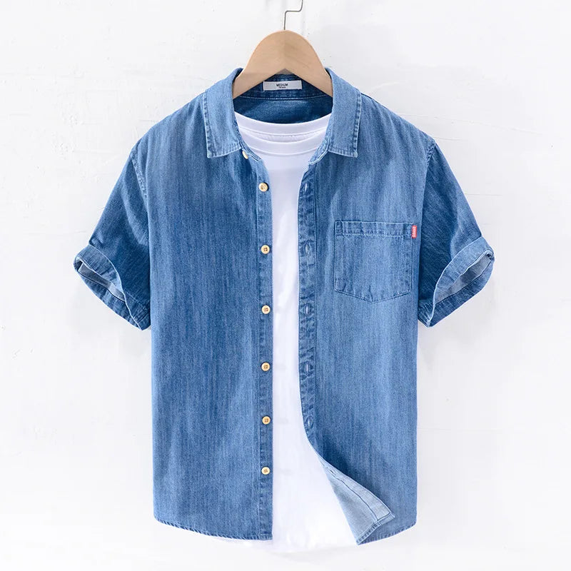 Men Denim Shirt , Thin Summer Half Sleeve Casual Top, Loose Trendy Handsome Short Sleeve ,Camping Denim Short Sleeve Jacket